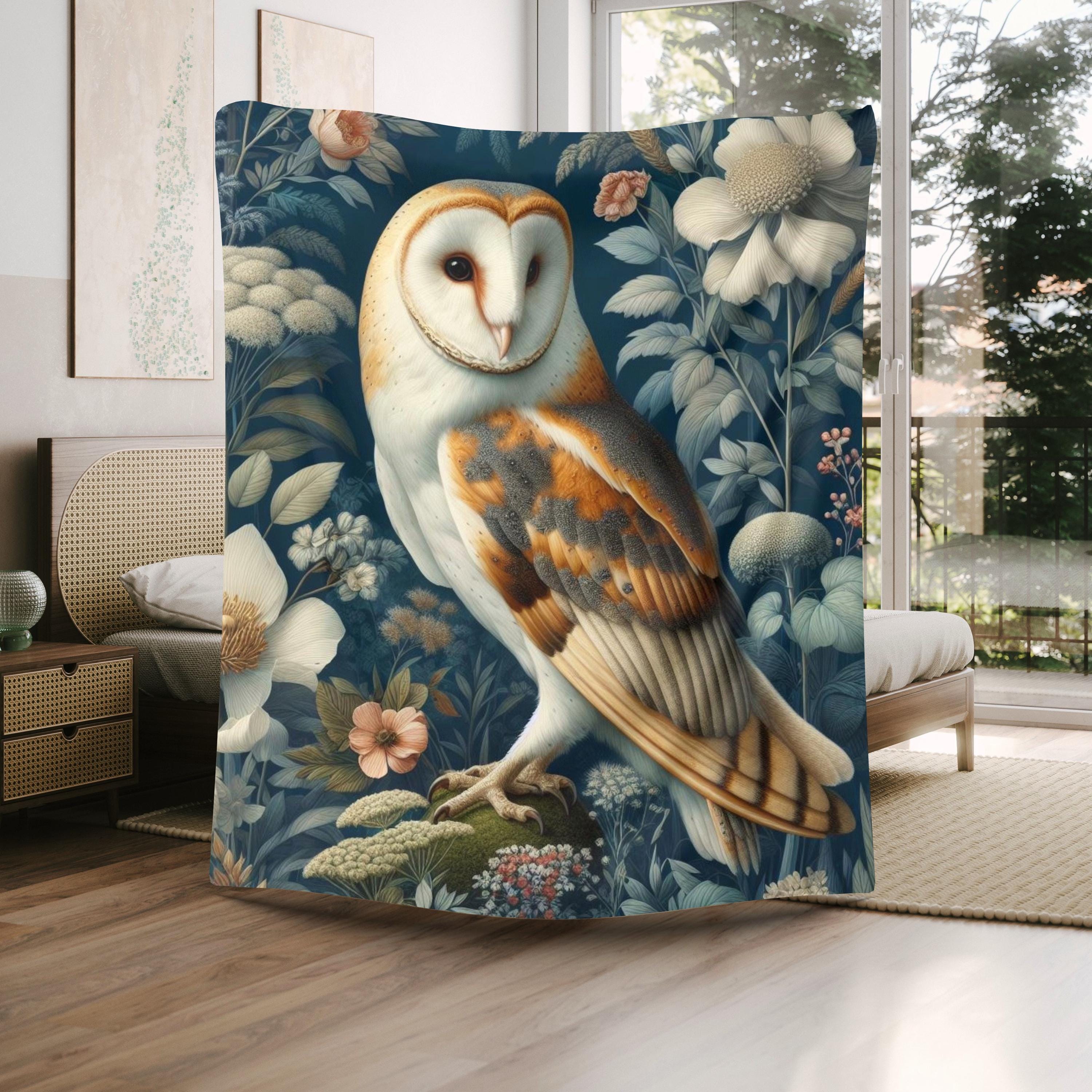 Barn Owl Sherpa Fleece Blanket - William Morris Inspired Floral Owl Blanket,  Dark Cottagecore Botan