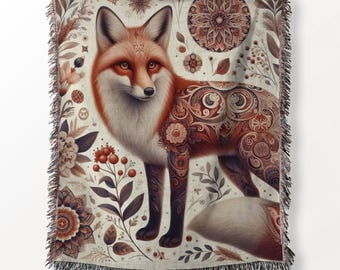 Red Fox Woven Blanket 100% Cotton Rug Scandinavian Home Decor Floral Fox Woven Throw Folk Art Fox Wall Tapestry Fox Lover Gift