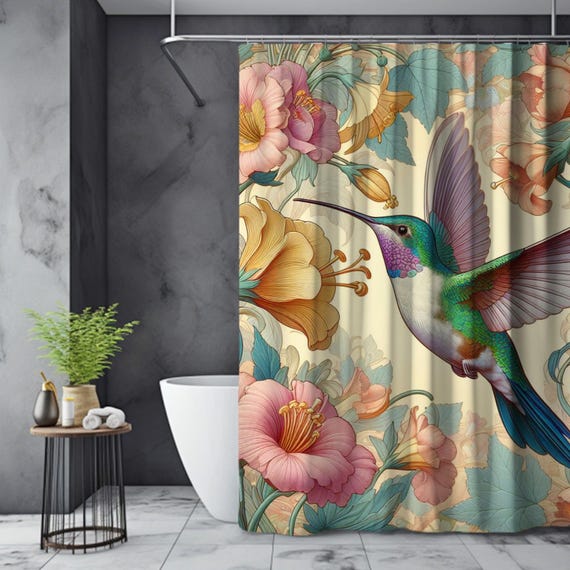 Rideau De Douche Oiseaux Et Fleurs Colibris - 175 X 180 Cm - Polyester - Neuf