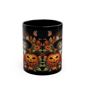 Cute Halloween Mug Kitten and Pumpkin Black Coffee Mug Halloween Cat Mug Gift For Her Him Fall Cottagecore Teacup Witchy Cat Ceramic Mug image 5