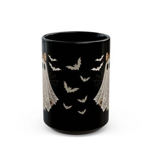 Cute Lace Ghost Coffee Mug - Vintage Halloween Bats Mug, Coquette Bow Ghost Teacup, Spooky Girly Black Mug Gift image 8