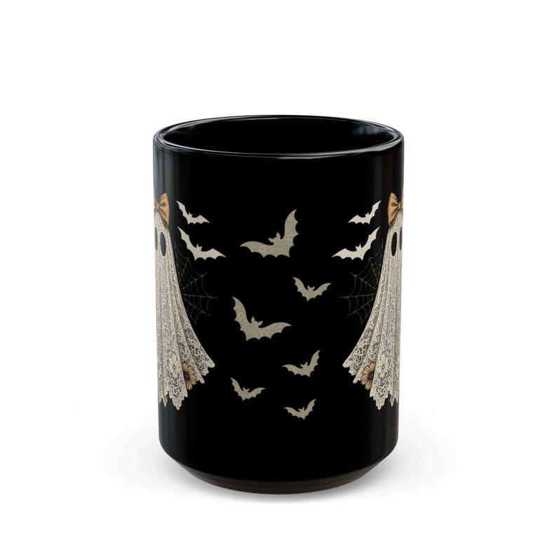 Cute Lace Ghost Coffee Mug - Vintage Halloween Bats Mug, Coquette Bow Ghost Teacup, Spooky Girly Black Mug Gift image 8