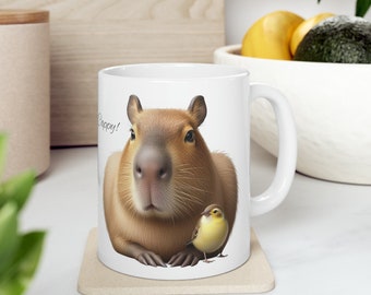Taza de capibara con diseño de capibara y pájaro, regalo de cerámica para amantes de los animales, para ella y él, taza de té gigante con diseño de conejillo de indias, divertida y feliz, 11 oz