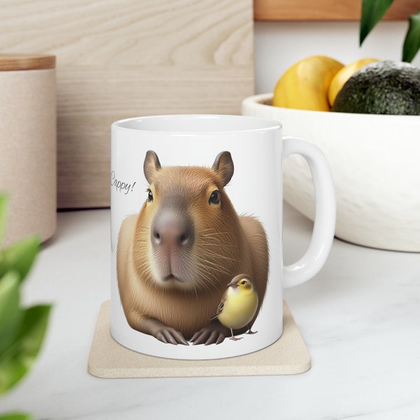 Cute Capybara Mug Capybara & Bird Ceramic Coffee Mug Animal Lover Gift For Her Him Giant Guinea Pig TeaCup Happy Cappy Funny Mug 11oz