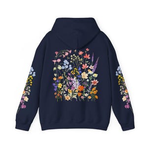 Wildflowers & Bees Hoodie Boho Floral Hoodie Botanical Cottagecore Hooded Sweatshirt Printed Sleeves Hoodie Flower Sweater Bee Gift for Her Navy