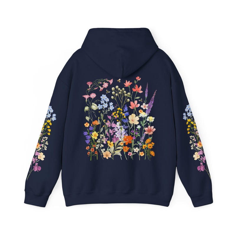 Wildflowers & Bees Hoodie Boho Floral Hoodie Botanical Cottagecore Hooded Sweatshirt Printed Sleeves Hoodie Flower Sweater Bee Gift for Her Navy