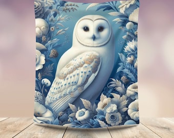 White Owl Velveteen Plush Blanket Barn Owl and Flowers Soft Velveteen Throw Morris Inspired Owl Blanket Blue Floral Blanket Owl Lover Gift