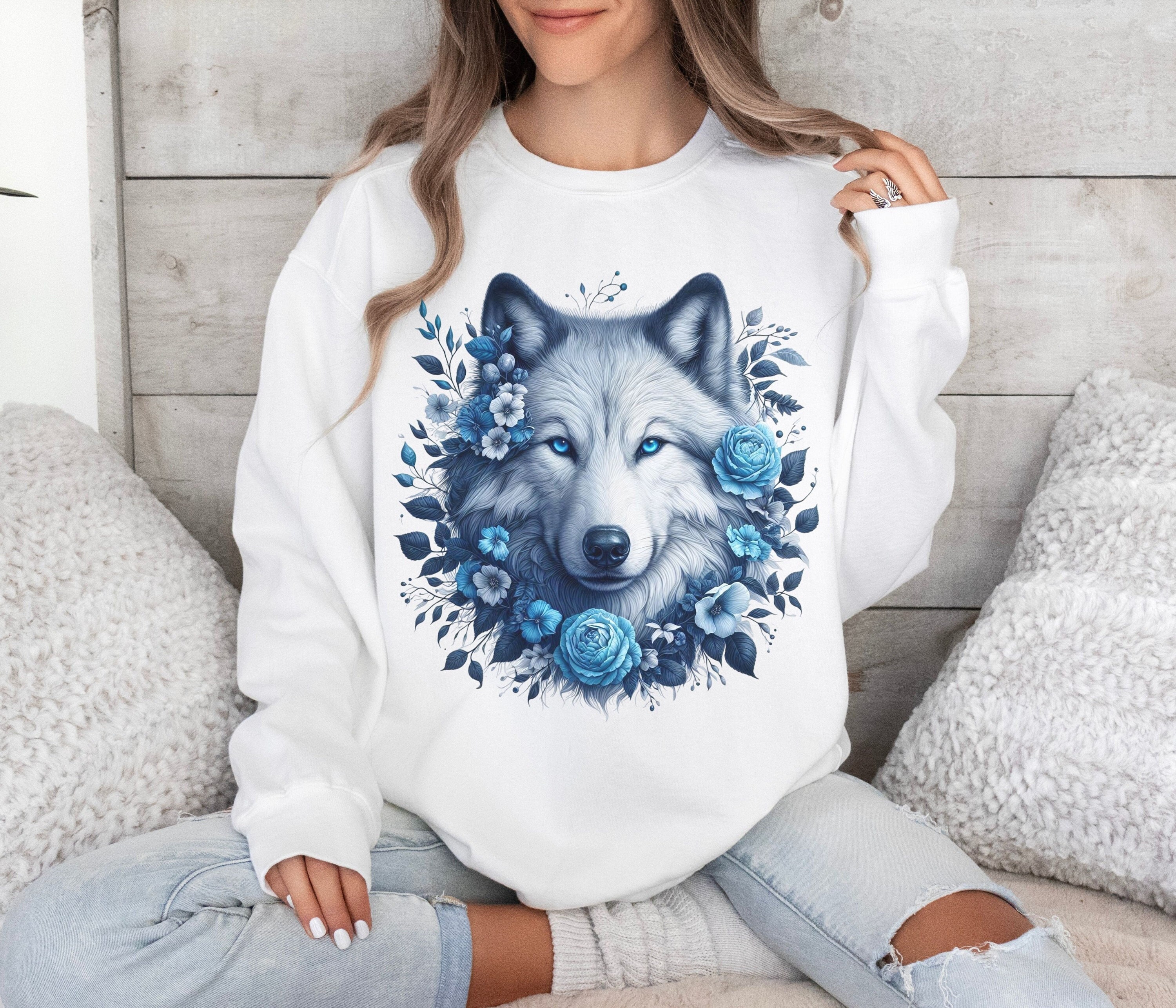 Blue Floral Wolf Sweatshirt Boho Fantasy Wolf Shirt Comfort Colors