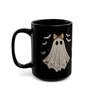 Cute Lace Ghost Coffee Mug - Vintage Halloween Bats Mug, Coquette Bow Ghost Teacup, Spooky Girly Black Mug Gift image 7