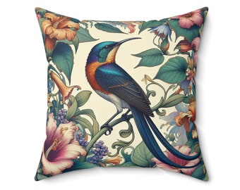 Colorful Sunbird Pillow William Morris Inspired Art Nouveau Tropical Bird Decorative Cushion Throw Pillow Home Decor Gift INSERT INCLUDED