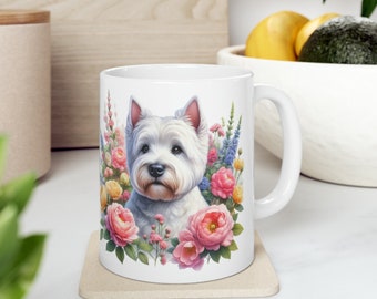 West Highland Terrier Mug Cute Westie Dog and Flowers Ceramic Coffee Mug Dog Lover Gift For Mum Floral Teacup Mug 11oz Dog Gift