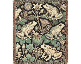 Manta tejida vintage con ranas, 100% algodón, estilo cottagecore, decoración botánica retro, tapiz de pared con sapos goblincore, regalo para amantes de las ranas.