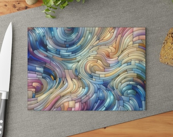 Tabla de cortar de vidrio con efecto mosaico de remolino abstracto - Tabla para servir con ilusión de vitral, decoración de cocina con patrón de ondas de colores
