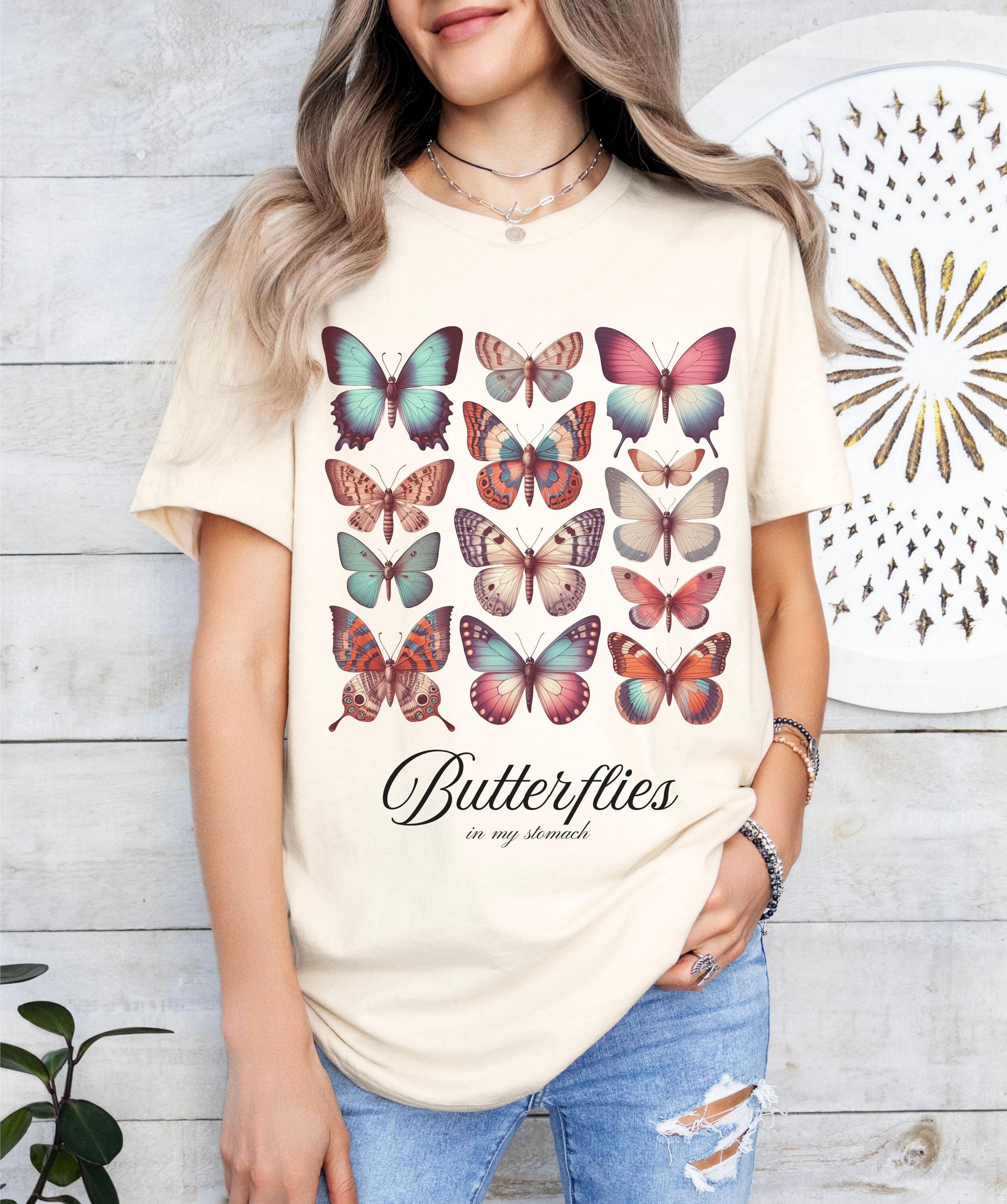 Vintage Butterflies Shirt Butterflies in My Stomach T-Shirt Colorful Butterflies Shirt Boho Butterfly Collection Tee Cute Jersey Shirt Gift