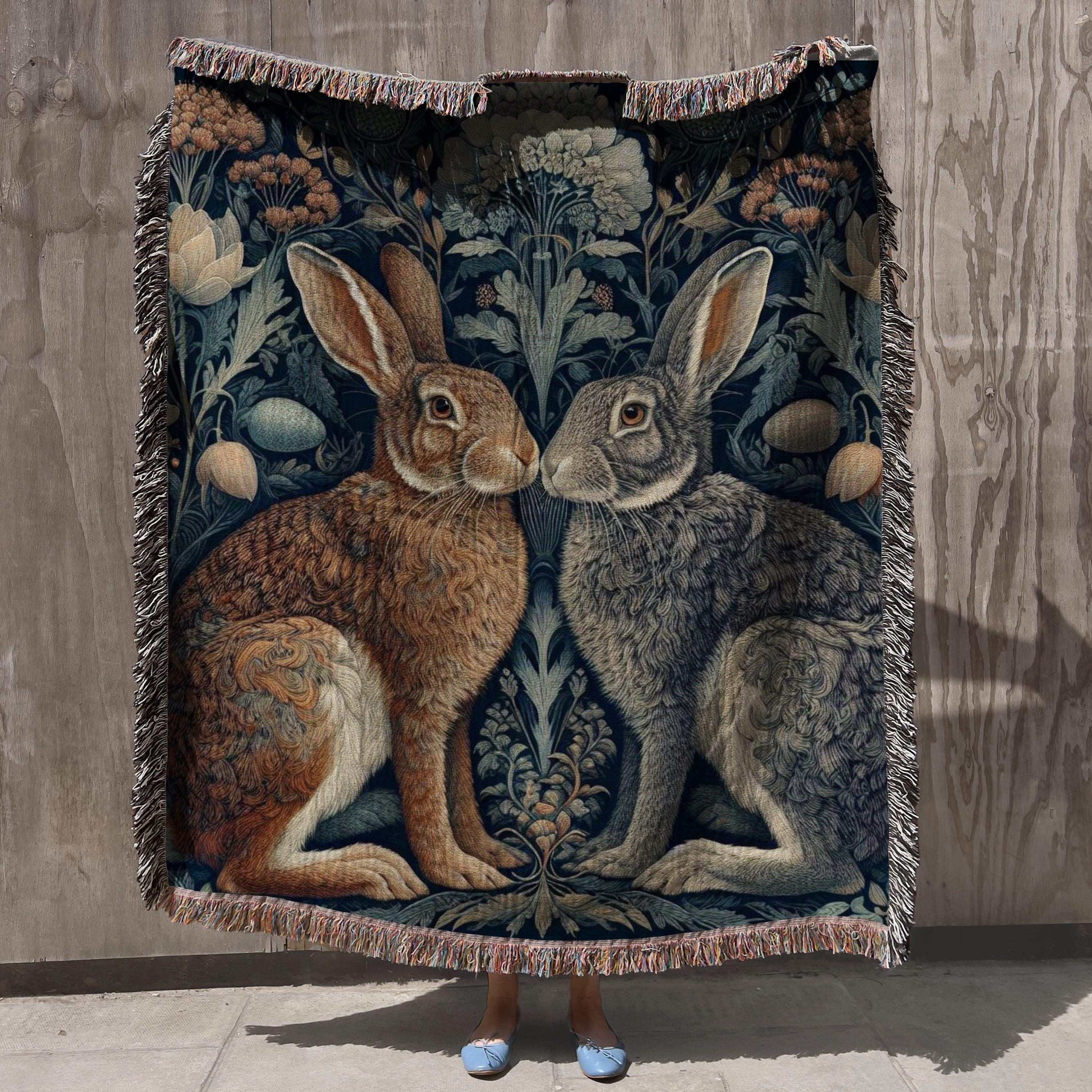 0621-2 DOUBLE BLANKET / HARE ダブルブランケット / Two Rabbits Woven Blanket William Morris Inspired 100% Cotton