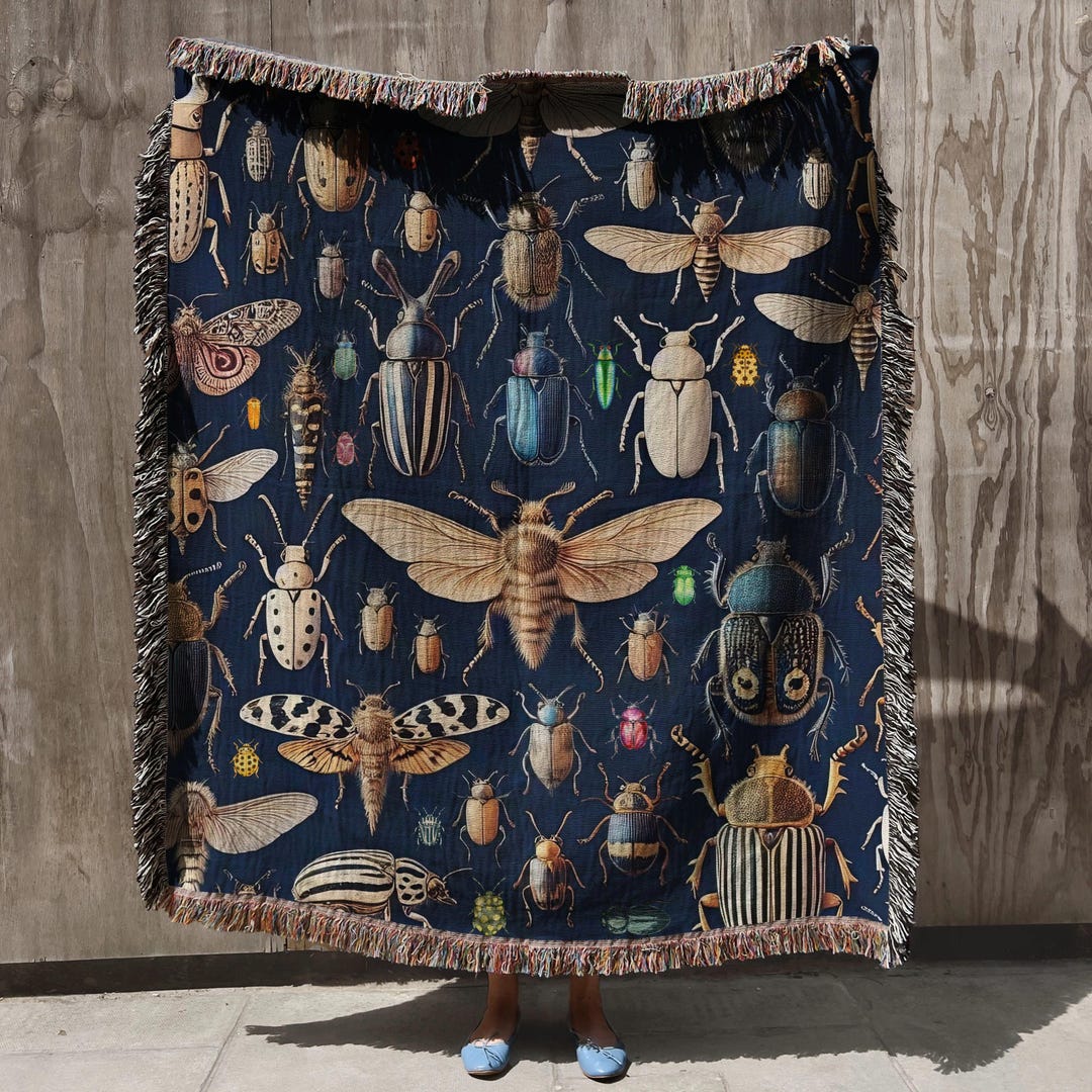Insect Pattern Throw Bugs and Beetles Woven Blanket 100% Cotton Rug Vintage Insects Home ...