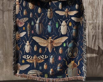 Manta tejida con insectos y escarabajos, 100% algodón. Alfombra vintage con diseño de insectos para decoración del hogar. Tapiz de pared tejido con diseño de escarabajos. Regalo ideal para amantes de la entomología.