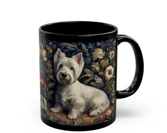 West Highland Terrier Mug William Morris Inspired Black Coffee Mug Cute Westie Teacup Dog Lover Gift For Her Him Black Ceramic Mug 11oz