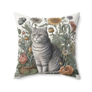 Cat and Flowers Pillow William Morris Inspired Cushion Cat Throw Pillow Botanical Rustic Cottage Core Home Decor Gift INSERT INCLUDED