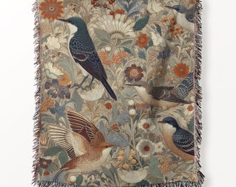 Birds and Flowers Woven Blanket William Morris Inspired 100% Cotton Rug Vintage Floral Woven Throw Bird Wall Tapestry Cottagecore  Home Gift