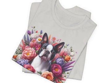 Camiseta unisex de manga corta con estampado floral de Boston Terrier, bonita camiseta de cachorro de Boston, camiseta para mamá perruna, regalo para amantes de los perros