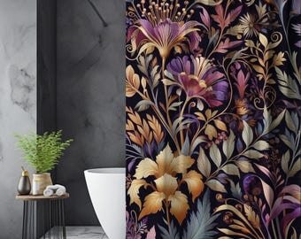 Dark Floral Shower Curtain Botanical Bathroom Decor Morris Inspired Dark Cottagecore Fantasy Flowers Curtain Dark Academia Housewarming Gift