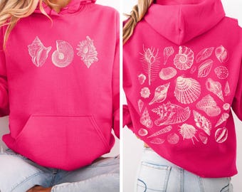 Vintage Seashells Hoodie Sea Shells Hooded Sweatshirt Front & Back Print Sweater Oceancore Retro Beach Unisex Pullover Shell Collector Gift