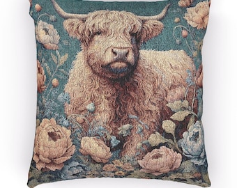 Highland Cow Woven Pillow William Morris Inspired Cottagecore Tapestry Pillow Floral Cow Home Decor Cotton Blend Cushion Scottish Cow Gift