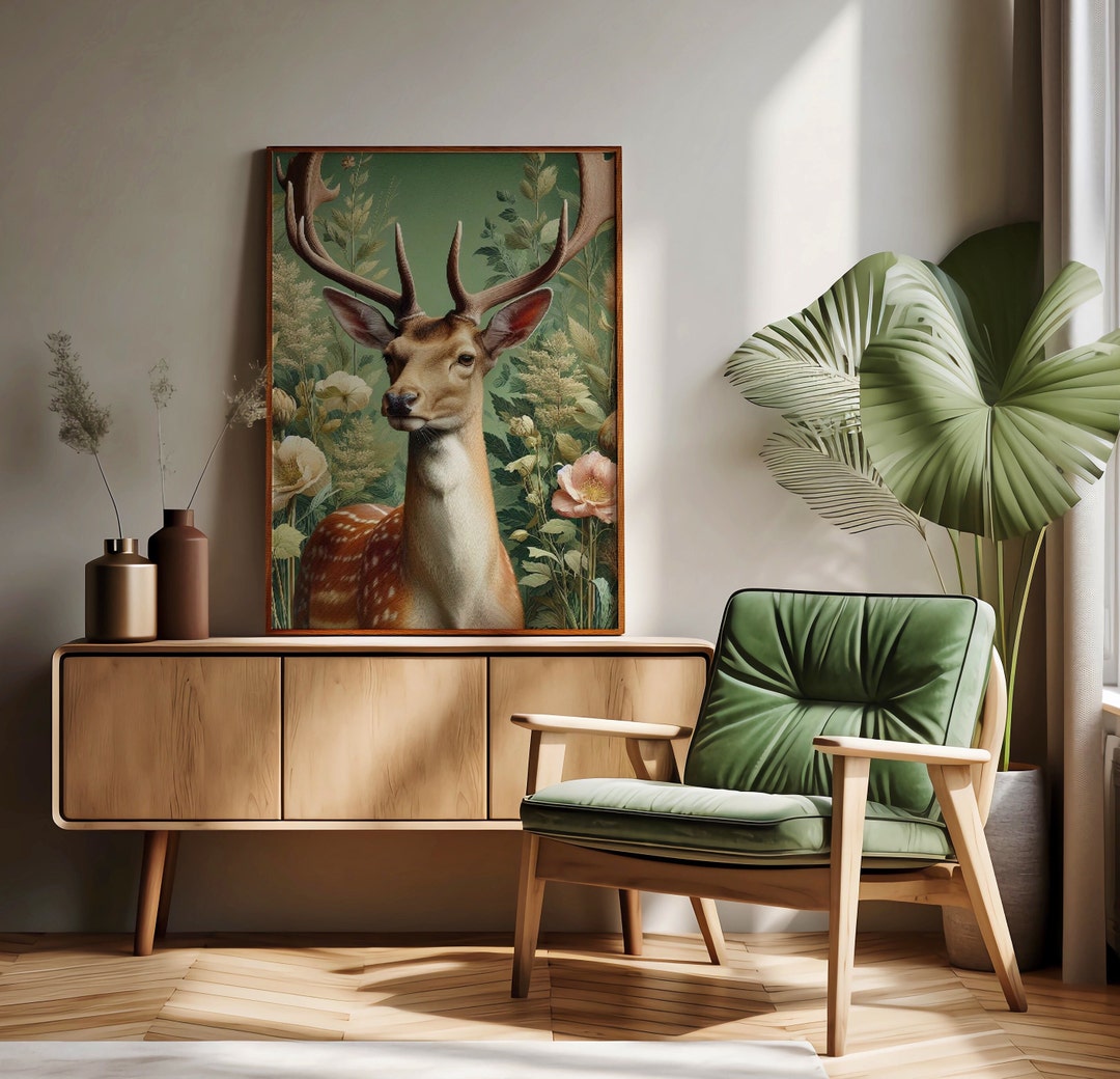 Red Deer Poster 210gsm William Morris Inspired Animal Art Vintage Style ...