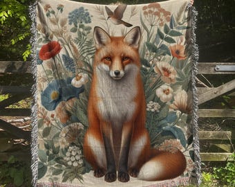 Red Fox Woven Blanket 100% Cotton Vintage Style Botanical Blanket Floral Fox Woven Throw Fox and Wildflowers Wall Tapestry Fox Lover Gift