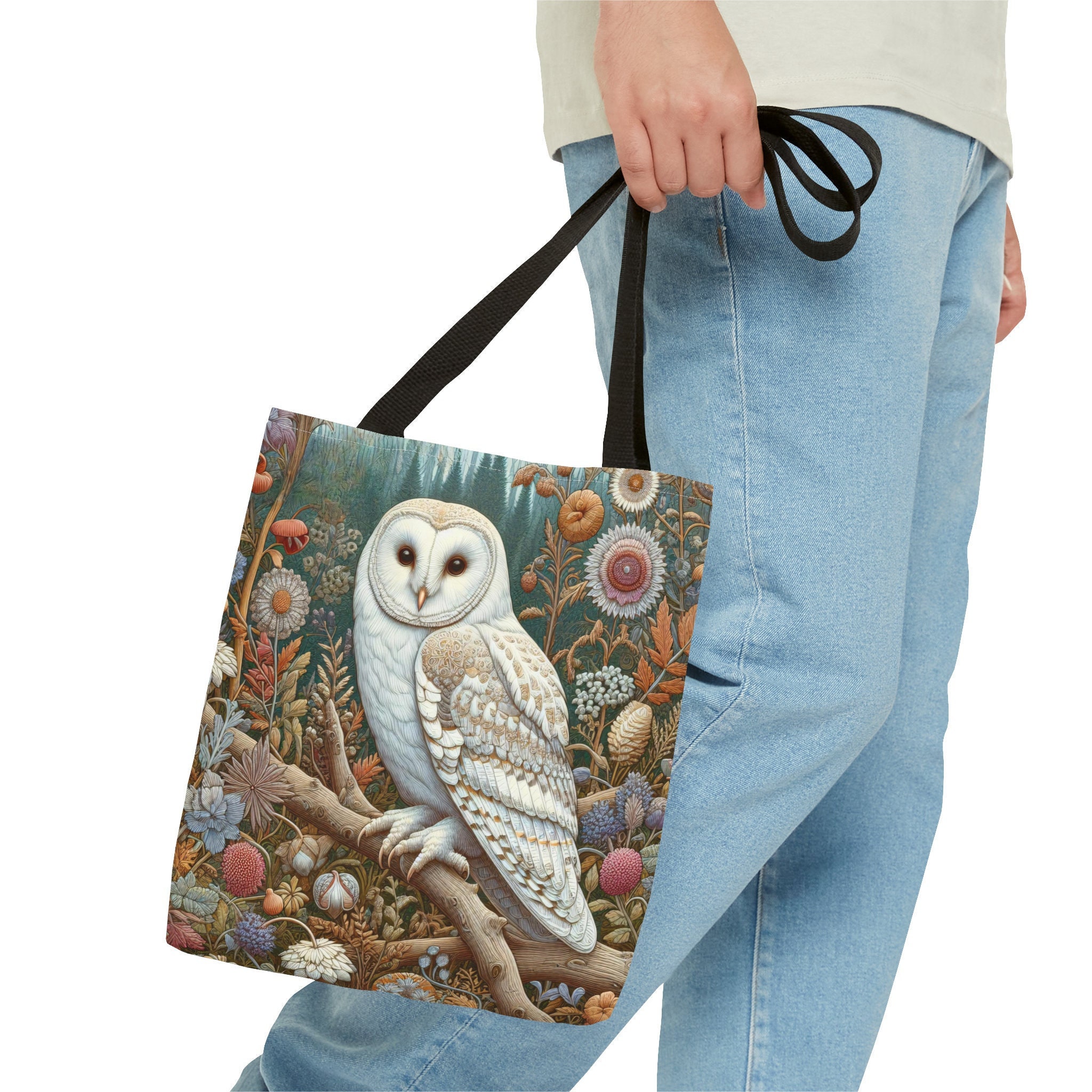 Barn Owl Tote Bag (AOP) William Morris Inspired White Owl Gift Unique and Whimsical Forest Owl Bag G