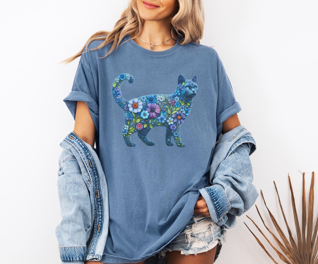 Blue Floral Cat T-shirt Fantasy Cat Shirt Comfort Colors Garment Dyed ...