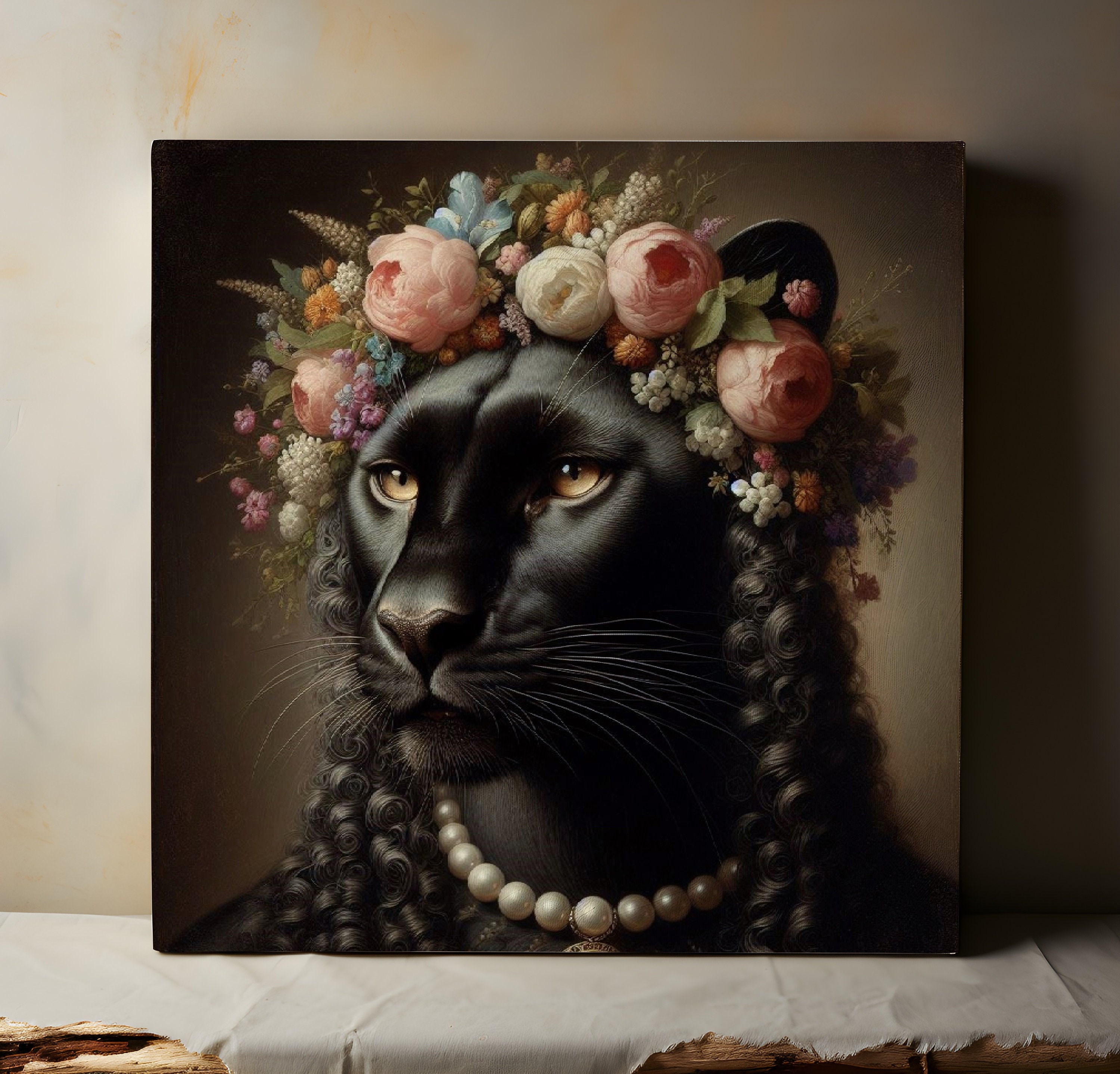 Floral Black Panther Matte Canvas Print Baroque Style Animal