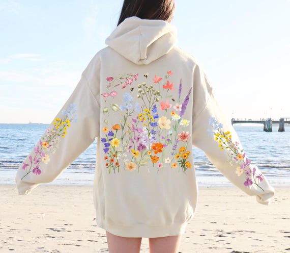 Wildflowers & Bees Hoodie Boho Floral Hoodie Botanical Cottagecore Hooded Sweatshirt Printed Sleeves Hoodie Flower Sweater Bee Gift for Her