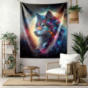 Moon and Wolf Indoor Wall Tapestry Colorful Wolf Artwork Spiritual Animal Wall Art Fantasy Wolf Tapestry Wolf Lover Gift