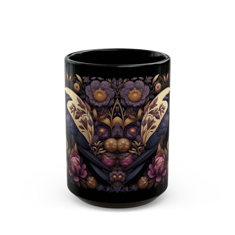 Floral Raven Black Coffee Mug - William Morris Inspired Goth Crow Art Mug, Dark Academia Bird Kitchen Decor image 11