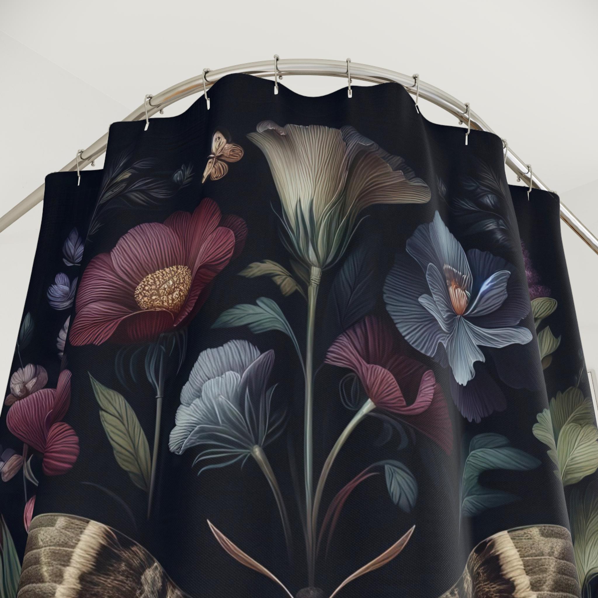 Tenda Doccia Nero/Oro Floreale - Stile Boh&eacute;mien Con Farfalle - 182x183 Cm Con Ganci