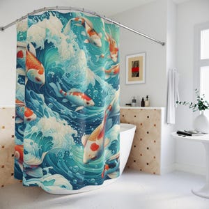 Koi Fish Shower Curtain Ocean Waves Bathroom Decor Water Theme Bath Curtain Japanese Koi Art Home Decor Fish Pond Sea Life Decoration Gift