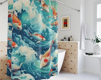 Cortina de ducha con peces koi, olas del océano, decoración de baño, cortina de baño con temática acuática, arte japonés koi, decoración del hogar, estanque de peces, decoración de vida marina, regalo