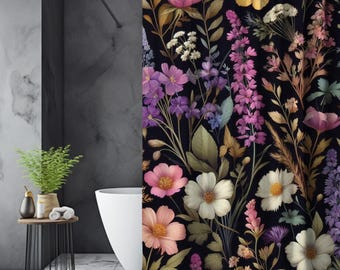 Dark Botanical Shower Curtain Moody Wildflowers Bathroom Dark Cottagecore Decor Black Floral Curtain Dark Academia Vintage Housewarming Gift