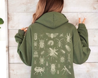 Vintage Insects Hoodie Entomology Hooded Sweatshirt Beetles & Bugs Back Print Sweater Goblincore Unisex Hoodie Dark Academia Insect Pullover