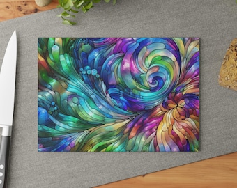 Tabla de cortar de vidrio con remolinos coloridos y abstractos - Plato para servir con vitrales coloridos, regalo artístico para decoración de cocina