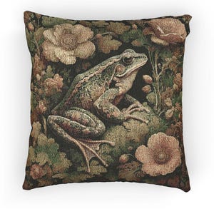 Floral Frog Woven Pillow Morris Inspired Vintag Cottagecore Cushion Frog and Flowers Home Decor Cotton Blend Tapestry Pillow Frog Lover Gift