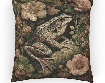 Cojín tejido con diseño de rana floral, estilo vintage inspirado en Morris Cottagecore, con diseño de rana y flores, para decoración del hogar, tapiz de mezcla de algodón, regalo para amantes de las ranas.