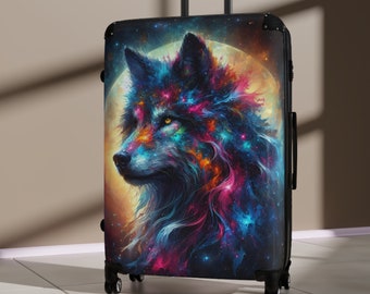 Moon Wolf Koffer Rollgepäck Hartschalenkoffer Mit Rollen Moderne Kunst Wolf Gemälde Luxus Reisetasche Bunt Tier Geschenk für Ihn