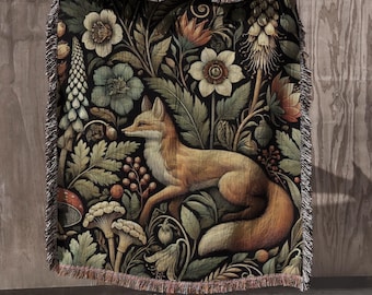 Forest Fox Woven Blanket 100% Cotton Rug Dark Cottagecore Woven Throw Retro Botanical Blanket Wildflowers Wall Tapestry Fox Lover Gift