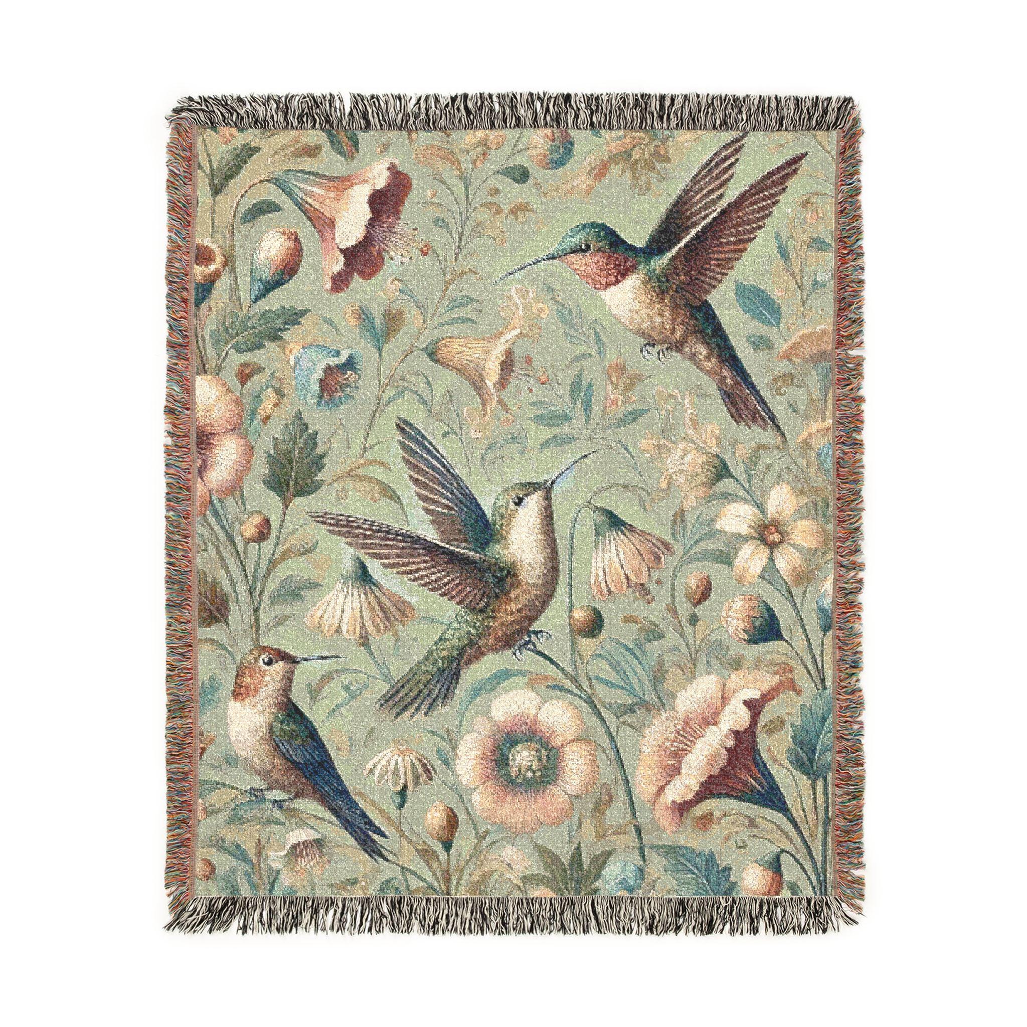 Hummingbirds Woven Blanket - William Morris Inspired 100% Cotton