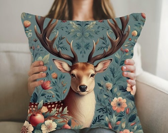 Floral Deer Woven Pillow Morris Style Floral Stag Cotton Blend Cushion Vintage Style Floral Home Decor Forest Deer Tapestry Pillow Gift