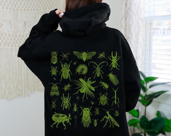 Vintage Insects Hoodie Entomology Hooded Sweatshirt Beetles & Bugs Back Print Sweater Goblincore Unisex Hoodie Dark Academia Insect Pullover