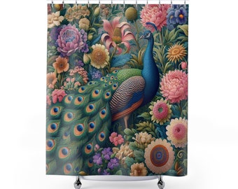 Rideau de douche paon et fleurs inspiré de paon vert, décoration florale de salle de bain, art oiseau, cadeau de pendaison de crémaillère